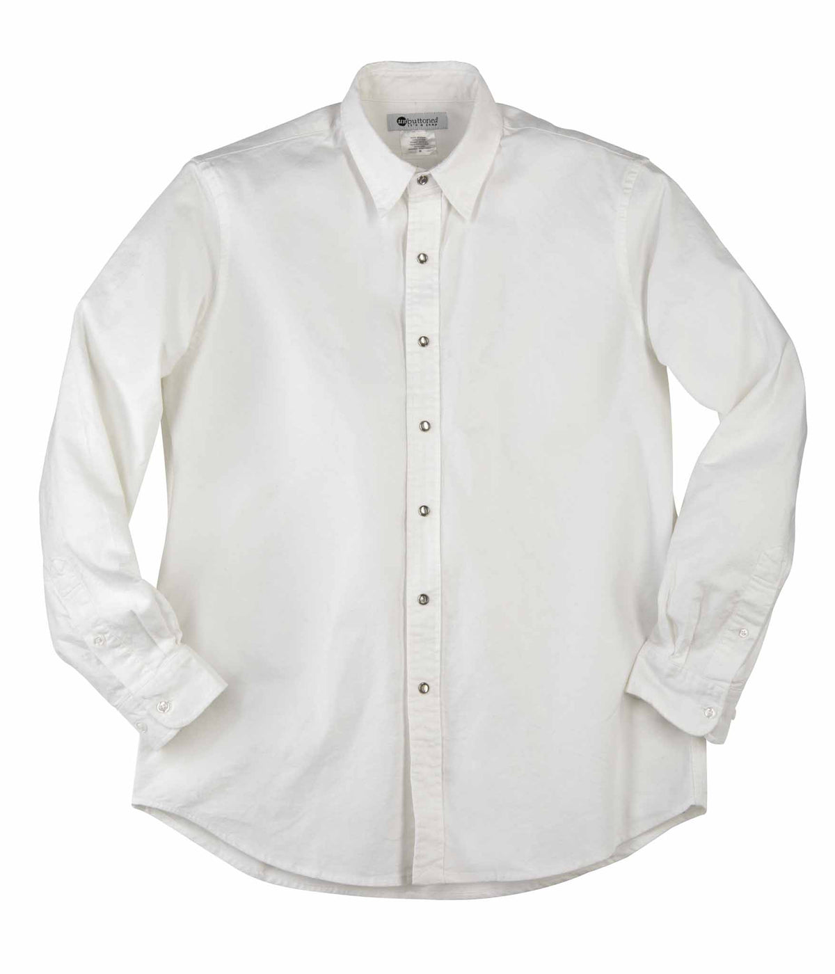 White oxford snap shirt flat lay showing the snap-front placket