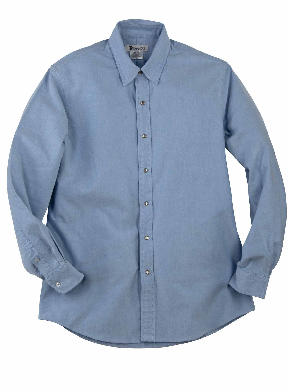 Blue oxford snap shirt flat lay showing the snap closures
